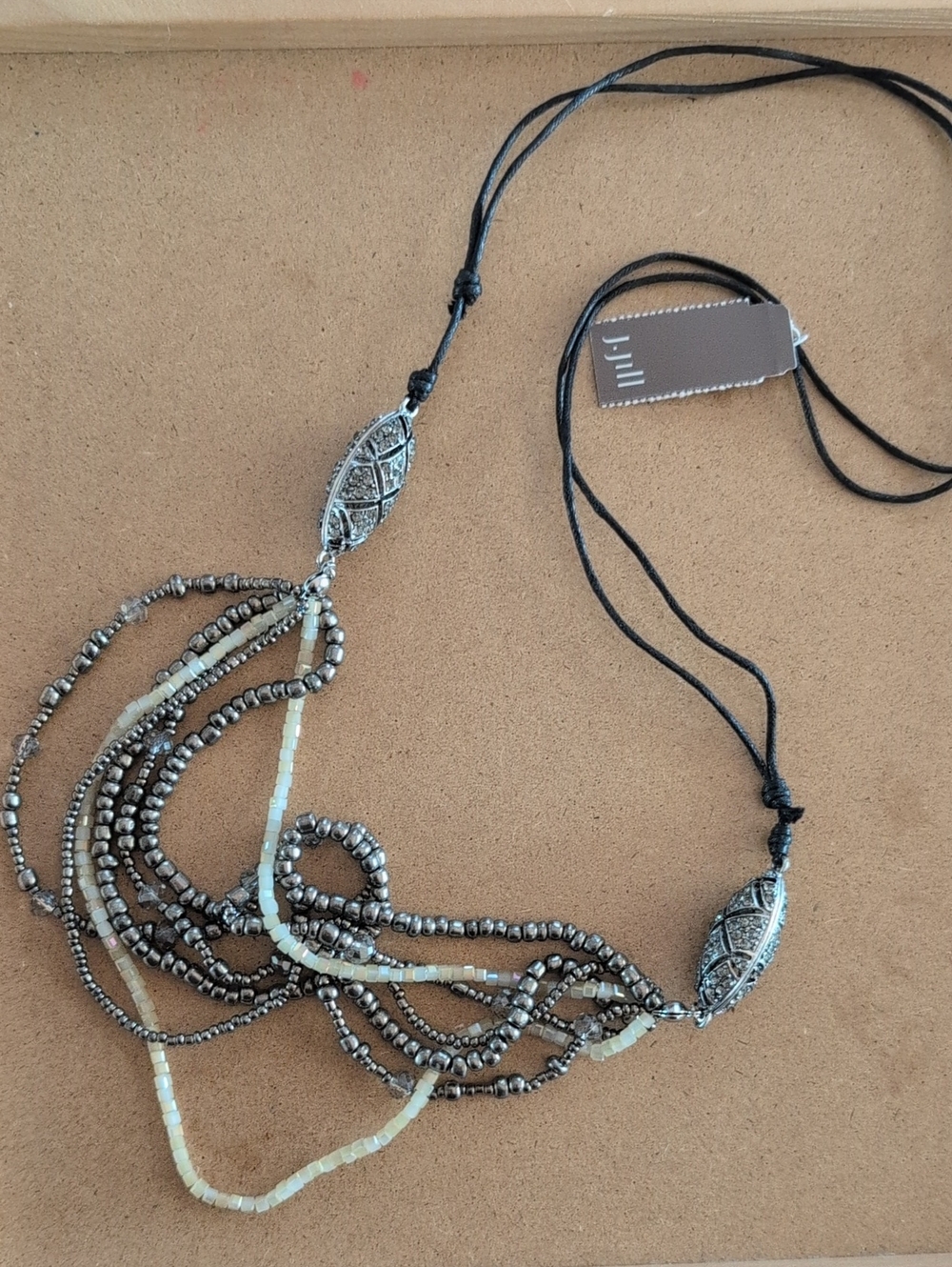 Beaded Multi-Strand Necklace with Silver Accents - Black & Cream